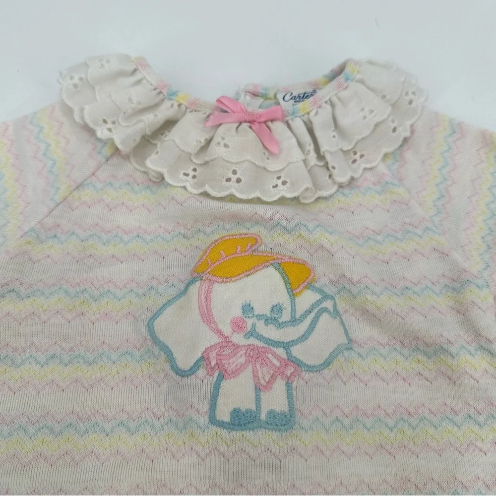 3/$15 VTG CARTERS Baby Tee 24 Months L/S Eyelet Elephant Applique Pastel Top USA